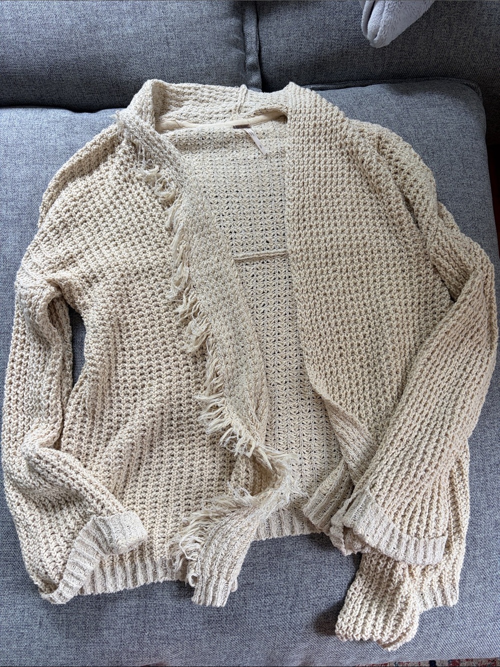 Free People Cream Fringed Open-Front Knit Cardigan
